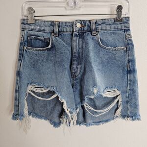 Zara High Waist Medium Wash Extreme Distressing Raw Hem Denim Jean Shorts 4